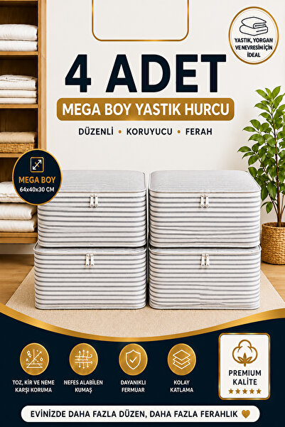 Ferzin 4 Adet - Antrasit Çizgili Büyük Boy Hurç Seti - Baza Altı Ve Çekyat Tipi Organizer - 64 x 40 x 30 Cm