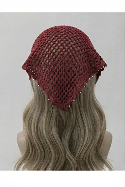 El Örgüsü Bordo İncili Makrome Bandana