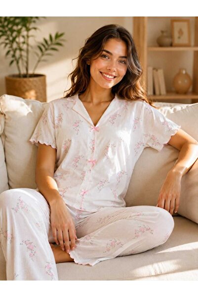 Sude HOMEWEAR Women's Short Sleeve Pink Floral Pattern Bowknot Pajama Set