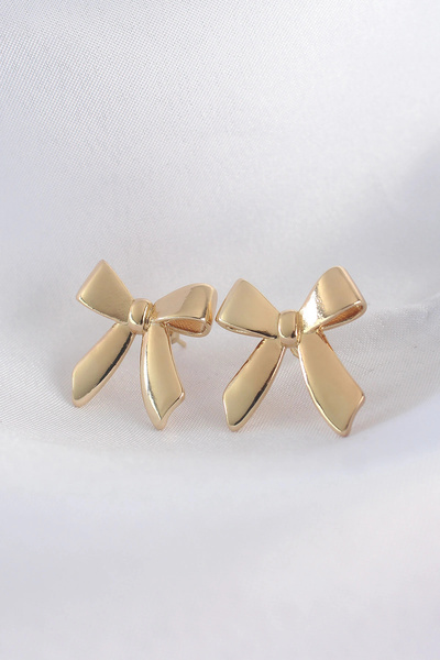 ARMÜZ Brass Gold Color Flat Plate Bow Earrings