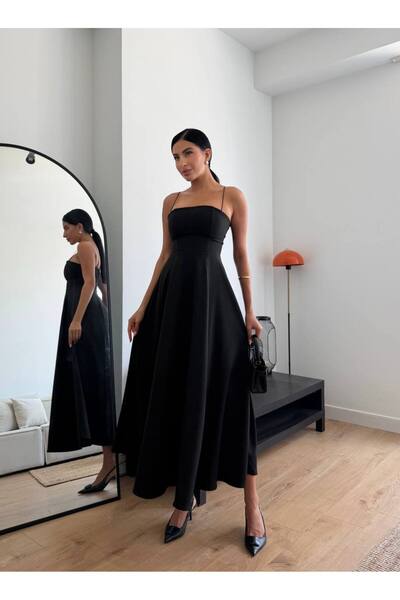 FLOWERİNG Women's Black Strap Flounce Maxi Dress