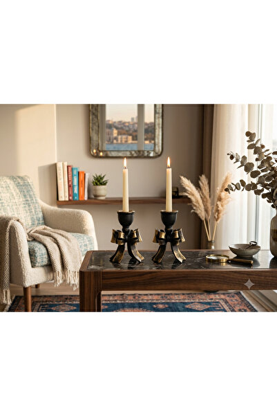 Hanlar Home Vintage Fiyonk Motifli Şamdan 2'li Set Salon Objesi 10X7