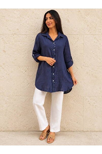 AGORATEKSTİL Women's Italian Three-Quarter Sleeve Lace Back Cotton Shirt 44-48