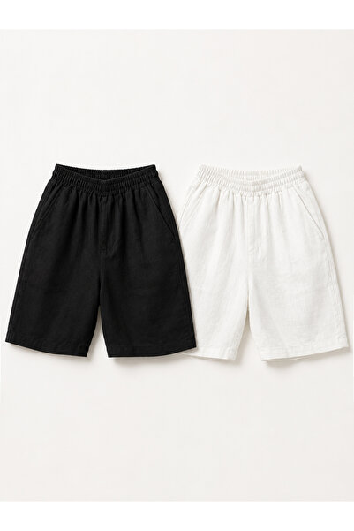 Catz Kids Boy's Relaxed Fit 2-Piece Shorts Set Ecru and Black Linen