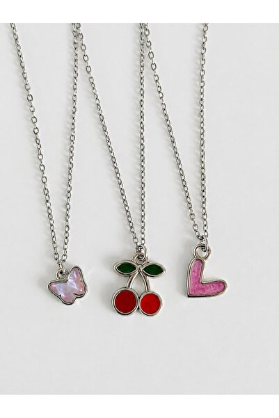 bijoux uniques Gift Butterfly&Cherry&Heart 3-Piece Steel Necklace