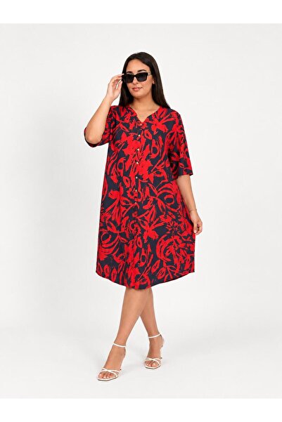 ELSEBUTİKTR Women's Plus Size Patterned V-Neck Cotton Viscose Oversize Loose ...