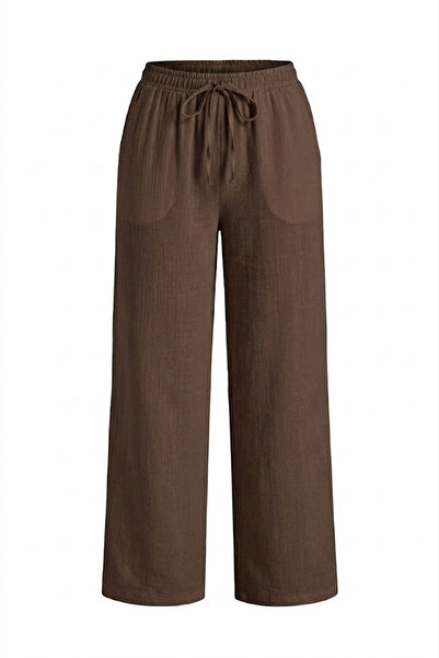 Crep Linen Fabric Wide Leg Trousers Bitter Brown