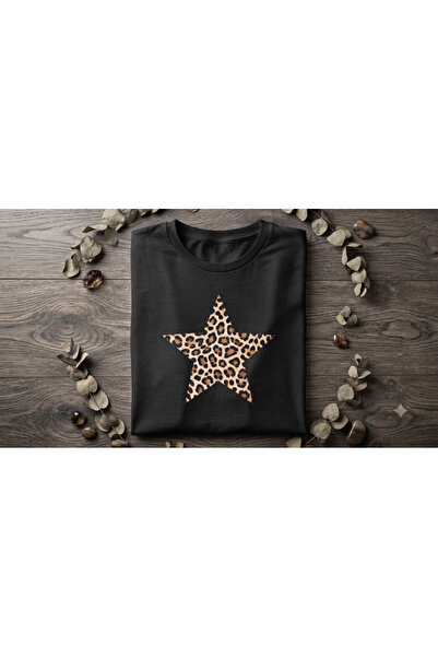 KOZİA OUTDOORS Women's Leopard Print Star Print Crew Neck Oversized Combed Co...