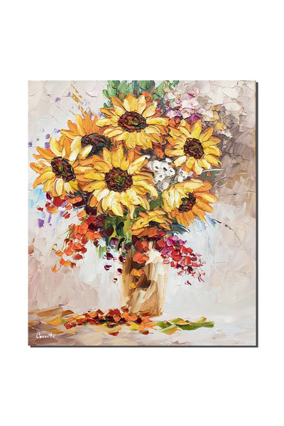 artnova Tablou 3D Vaza cu floarea soarelui pictat manual, 60x50cm ulei pe pan...