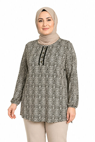 Mutlu City Women's Round Neck Patterned Combed Cotton Blouse for Middle-Aged ...