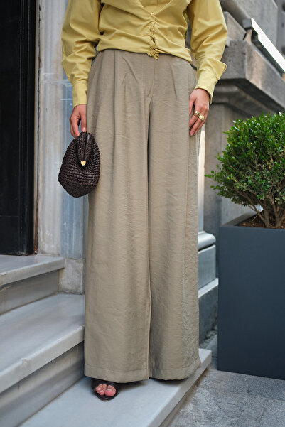 LOCCO Women's Elastic Waist, Pockets, Pleated Detail, Wide Leg Pants, Green