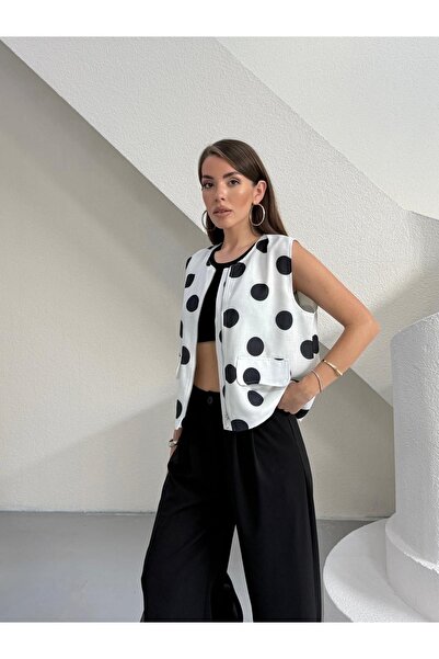 LB Laluna Butik Women's Polka Dot Zippered Linen Vest