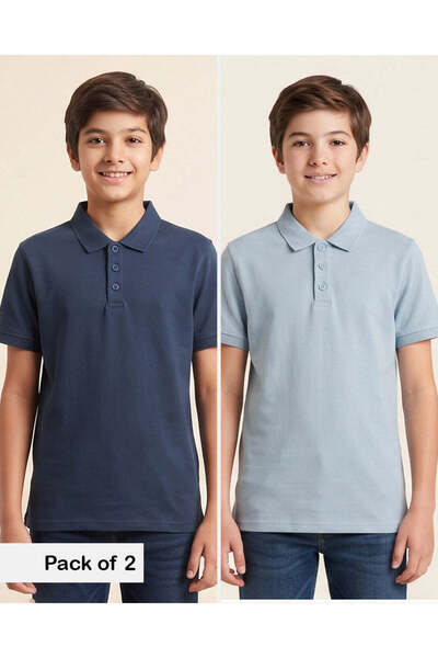 REDTAG Senior Boys Sky Blue And Navy Polo T-Shirt Set (Pack Of 2)