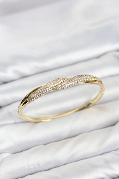 ARMÜZ Gold Color Zircon Stone Spiral Model Women's Handcuff Bracelet