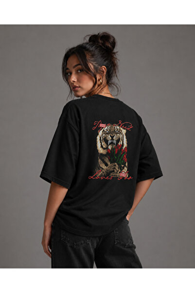 cc collection Women's Black Tiger and Tulip Back Print Oversize T-Shirt