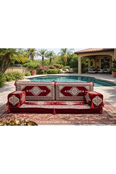 Xboat Arabic Majlis Floor Sofa, Red, Bohemian Style, Embroidered Geometric Pa...