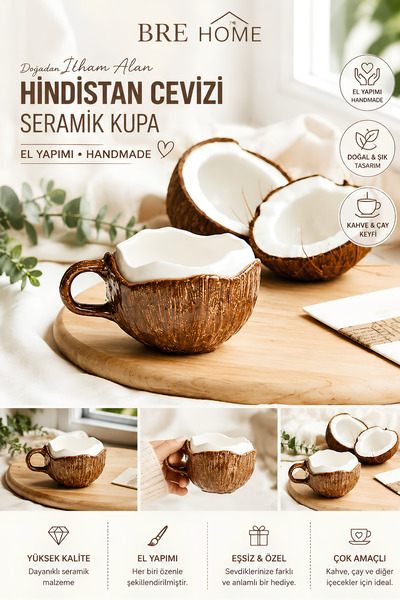 BRE HOME El Yapımı Hindistan Cevizi Tasarımlı Seramik Kupa – Handmade Kahve v...