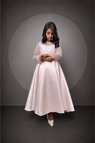 JO FASHION Girls' Dress Light Pink Satin Embroidered Tulle Sleeve Dress