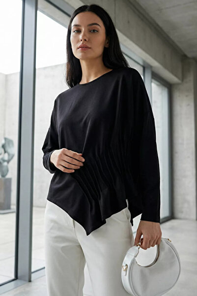 Aryena Black Gülseli Women's Pleated Asymmetrical Cut Blouse