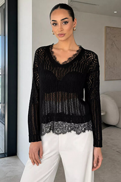Aryena Black Gülseli Women's V-Neck Openwork Guipure Detailed Knitwear Blouse