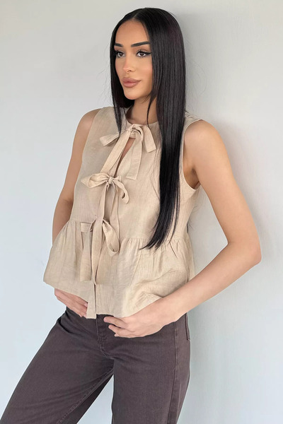 Aryena بلوزة نسائية بيج برباط أمامي