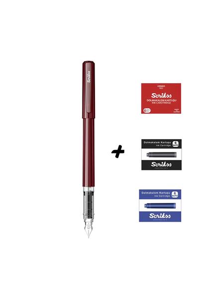 Scrikss Primeo Dolma Kalem Bordo & Kırmızı - Mavi - Siyah Kartuş Set