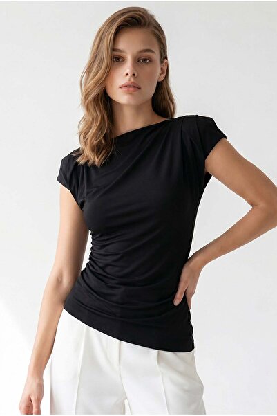 Mixray 2167 Women's Draped Padded Boat Neck Blouse Black