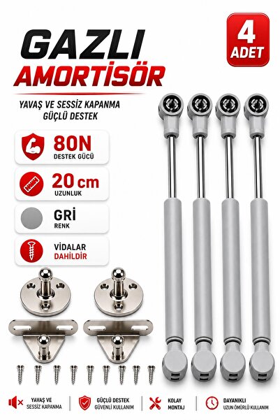NZB (4 Adet) Dolap Kapak Amortisörü 80N Gri 20 cm Gazlı Piston Kapak Hidroliğ...