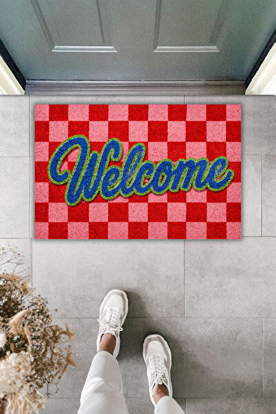 Dormot Dekoratif Dijital Baskılı Welcome Kapı Önü Paspası | Kırmızı Pembe Dam...