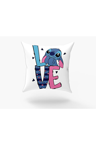 Karkan Tekstil Love Yazılı Stitch Baskılı Yastık