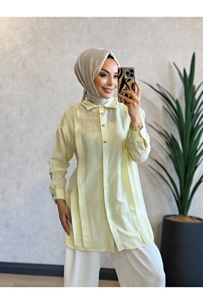 ALANURMODA 1016-2 قميص تينسل مطوي من الأمام باللون الأصفر