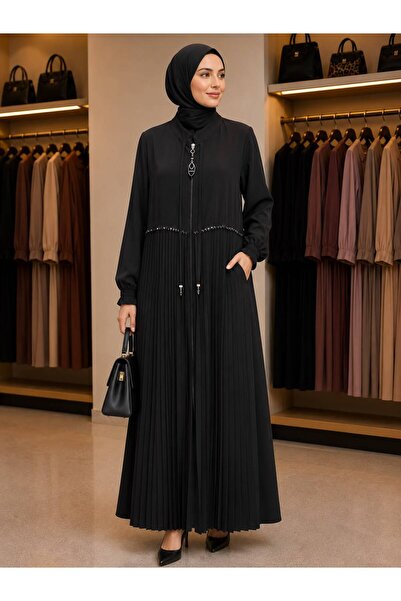 PAYİNİ 2194 Pilelized Zippered Ferace with Stone Details and Pockets