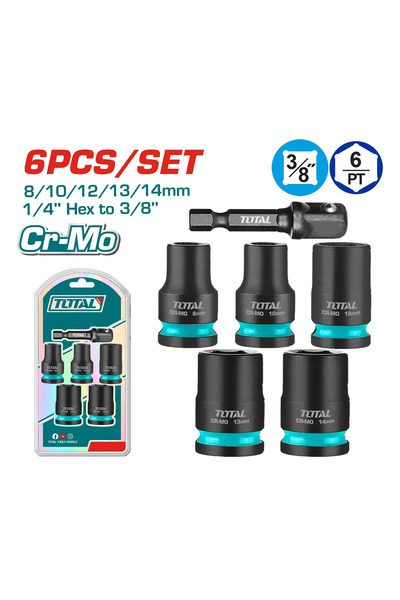 TOTAL Short Socket Set with 3/8" Conversion 6Pcs/Set