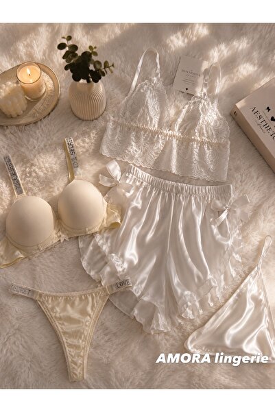 AMORA lingerie AMORA Beyaz Dantel + Krem Taşlı Askılı 4'lü Gelin Pijama Takım...