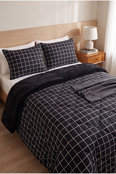 YALITEKS HOME Siyah Kare Desenli Welsoft Çift Kişilik Yorgan Seti | 1 Adet Yo...