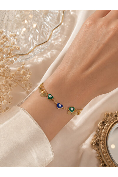 MODA MANANI Colorful Evil Eye Beaded Heart Figured Sequined Gold Color Women'...