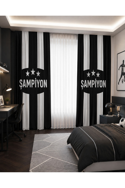 HOMESSA Taraftar Siyah Beyaz Şampiyon Çift Kanatlı Fon Perde