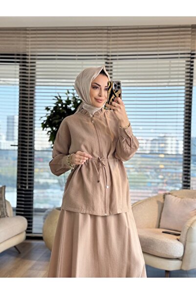 ALANURMODA 4466 طقم تنورة مطبوعة بحجارة متناثرة باللون البيج
