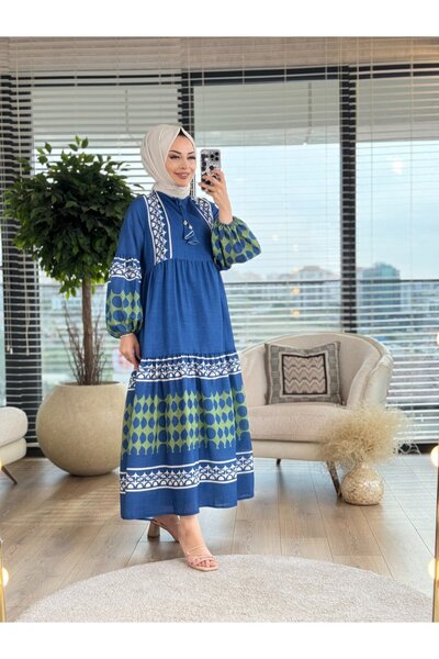 İkoll 32495 Border Patterned Dress Navy Blue