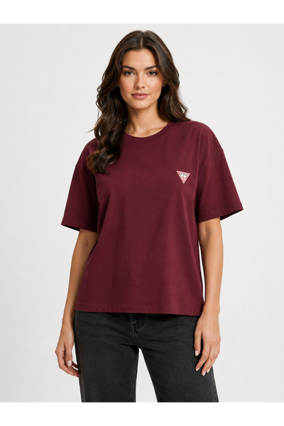 Guess Jeans Γυναικείο μπλουζάκι Boxy Mini Triangle σε μπορντό χρώμα