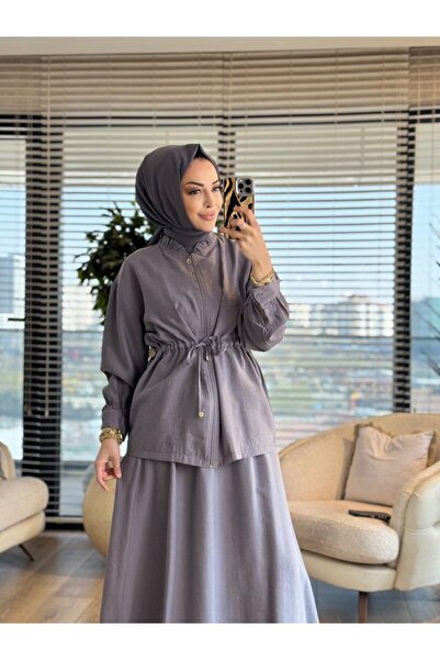 ALANURMODA 4466 Skirt Suit with Sparsely Stone Printed Top in Gray
