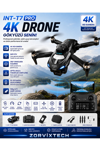 ZorvixTech INT-T7 PRO 4K HD Kameralı Katlanabilir Drone WiFi FPV 360° Takla I...