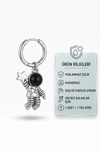 Blisse Piercing Unisex Silver Color Steel Hoop Earrings with Astronaut Figure...