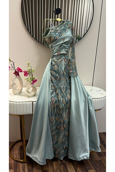 NUHAIRa Mikado Evening Dress with Beaded Mikado Tail