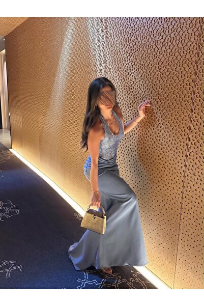 ZAYNAFASHIONSA Elegant Evening Dress Gray Blue