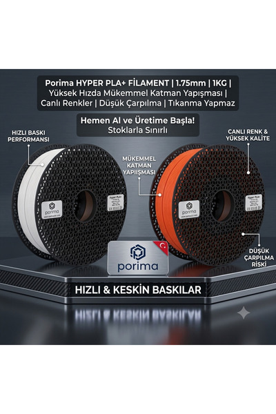 Porima Hyper Pla+ Beyaz+Kırmızı 1.75mm Filament , ikisi bir arada 2 x 1Kg
