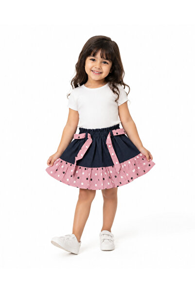 Generic Girl's Skirt in Navy Blue and Polka Dots with Bow and Colored Fringes