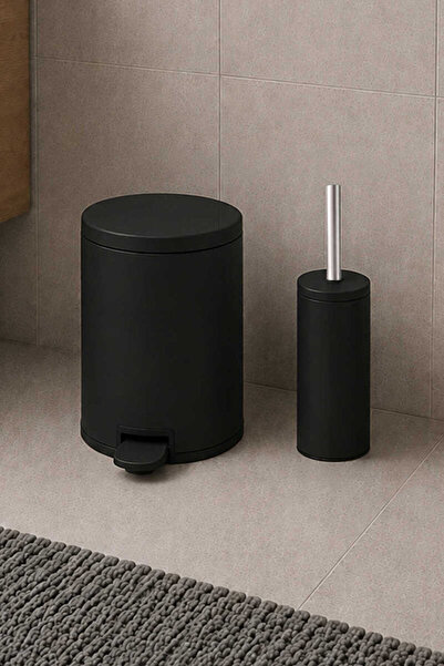 pirimanova Cigo 2'li Banyo Seti Çelik Çöp Kovası + Tuvalet Fırçası - Siyah