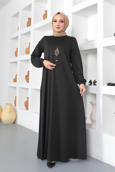 Mestore Necklace-Adorned Crew Neck Hijab Dress Black
