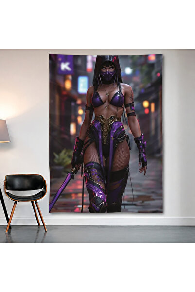 Geek Cultcha سجادة حائط من Cyberpunk Ninja Girl، ملصق من قماش الساتان عالي ال...